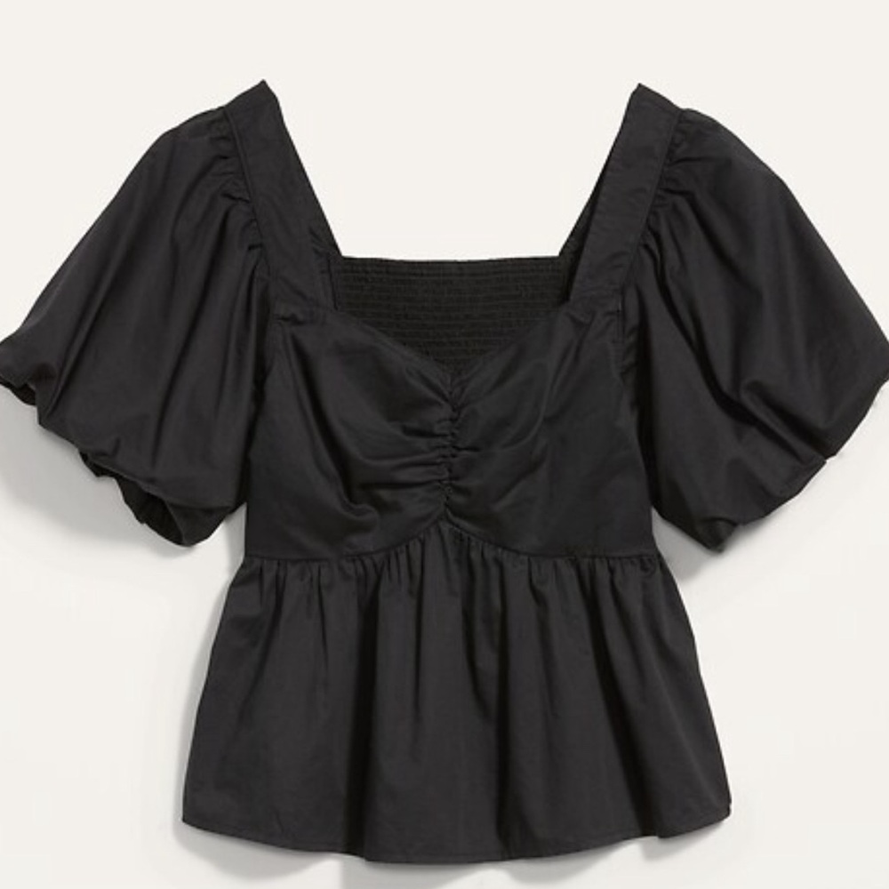 Old Navy Black Puff-Sleeve Ruched Smocked Babydoll Swing Blouse, size 2X
